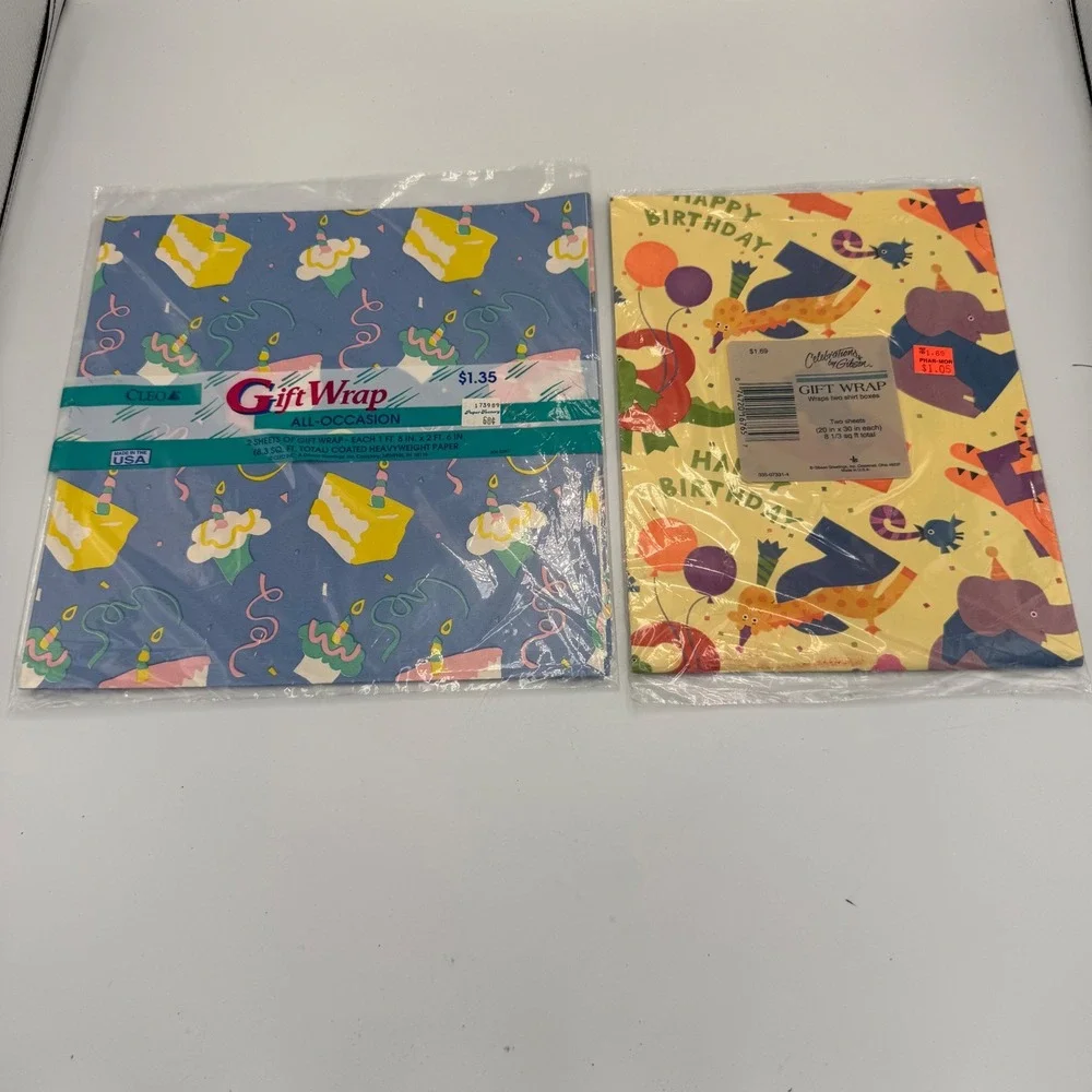 Vintage Gibson Cleo Birthday Gift Wrap 4 Sheets Animals Cake Retro Deadstock NEW
